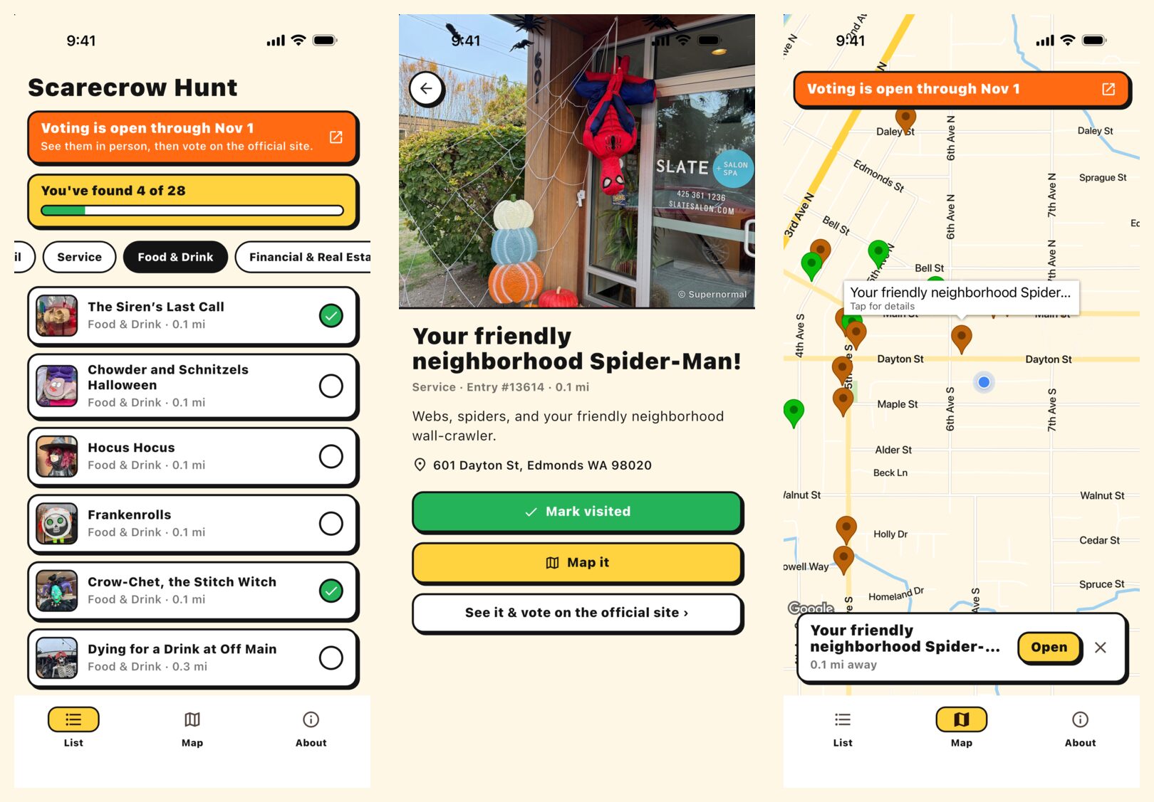 The list, a scarecrow&rsquo;s details, and the map in Edmonds Scarecrow Hunt